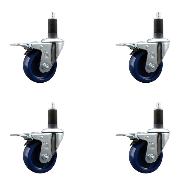 3.5'' Solid Poly Swivel 1-1/4'' Expanding Stem Caster Set Total Lock Brake, 4PK
